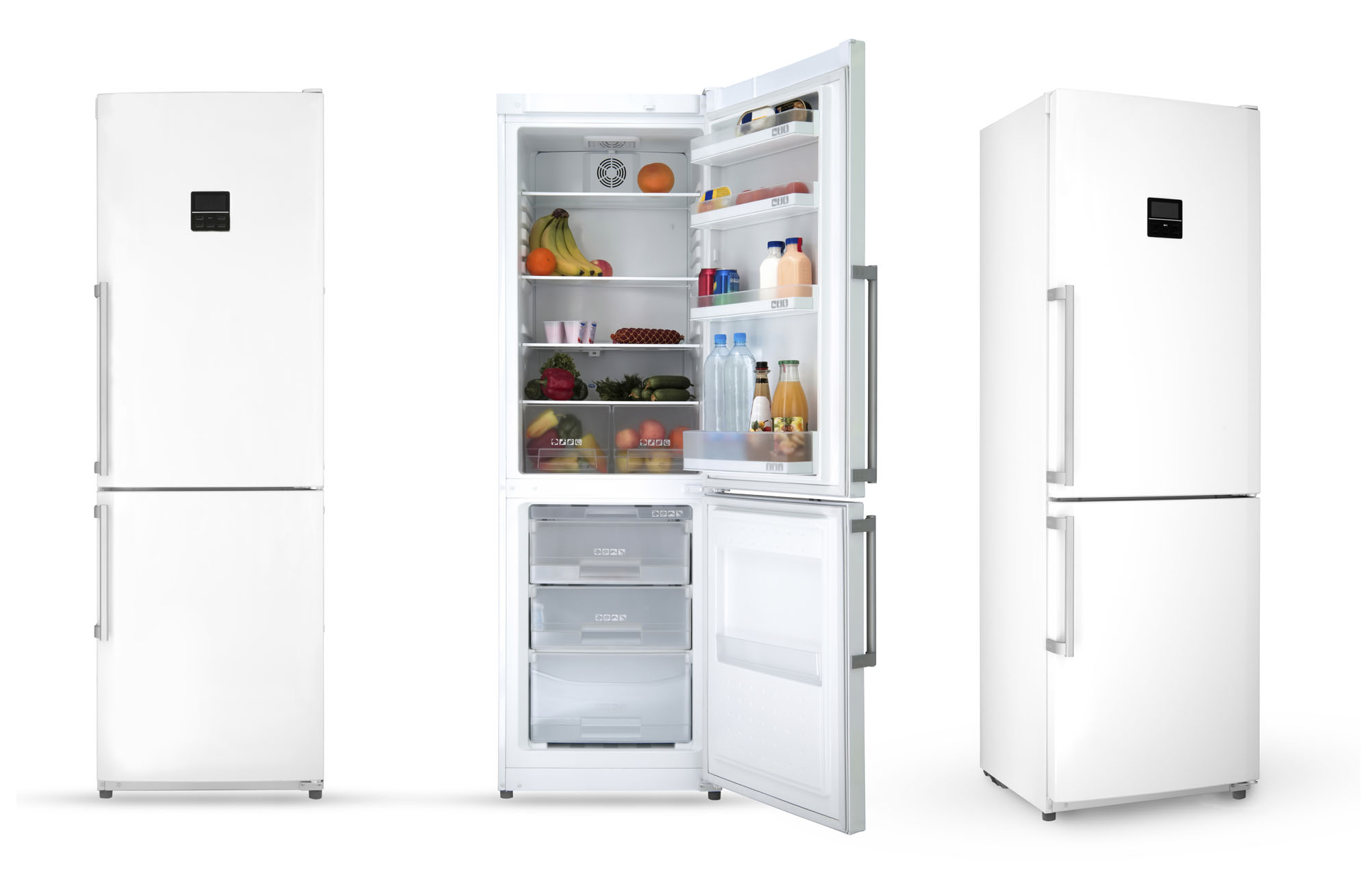Moderne Kühlschränke mit Lebensmitteln gefüllt
