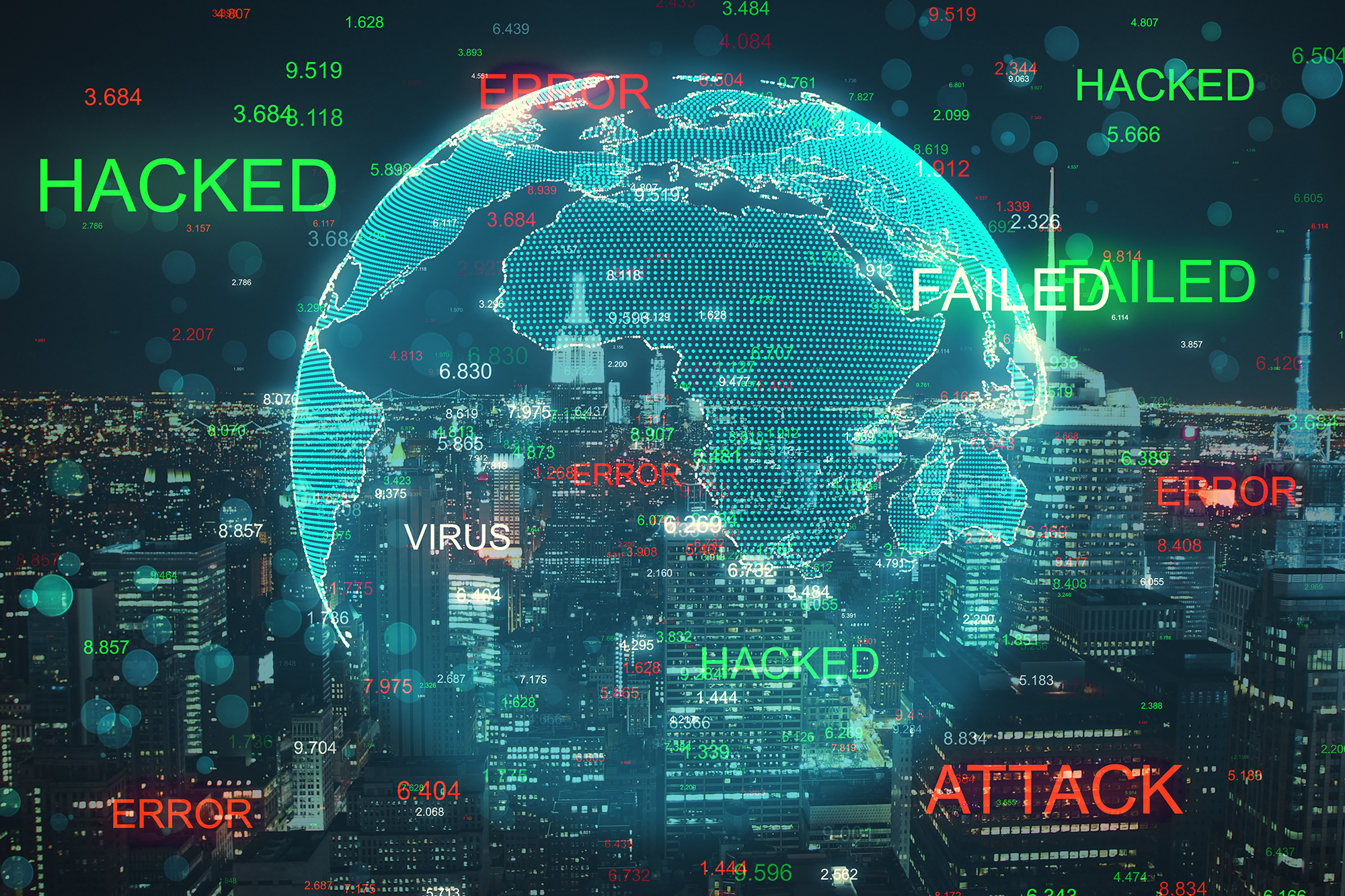 Weltkugel mit Begriffen Hacked, Attack