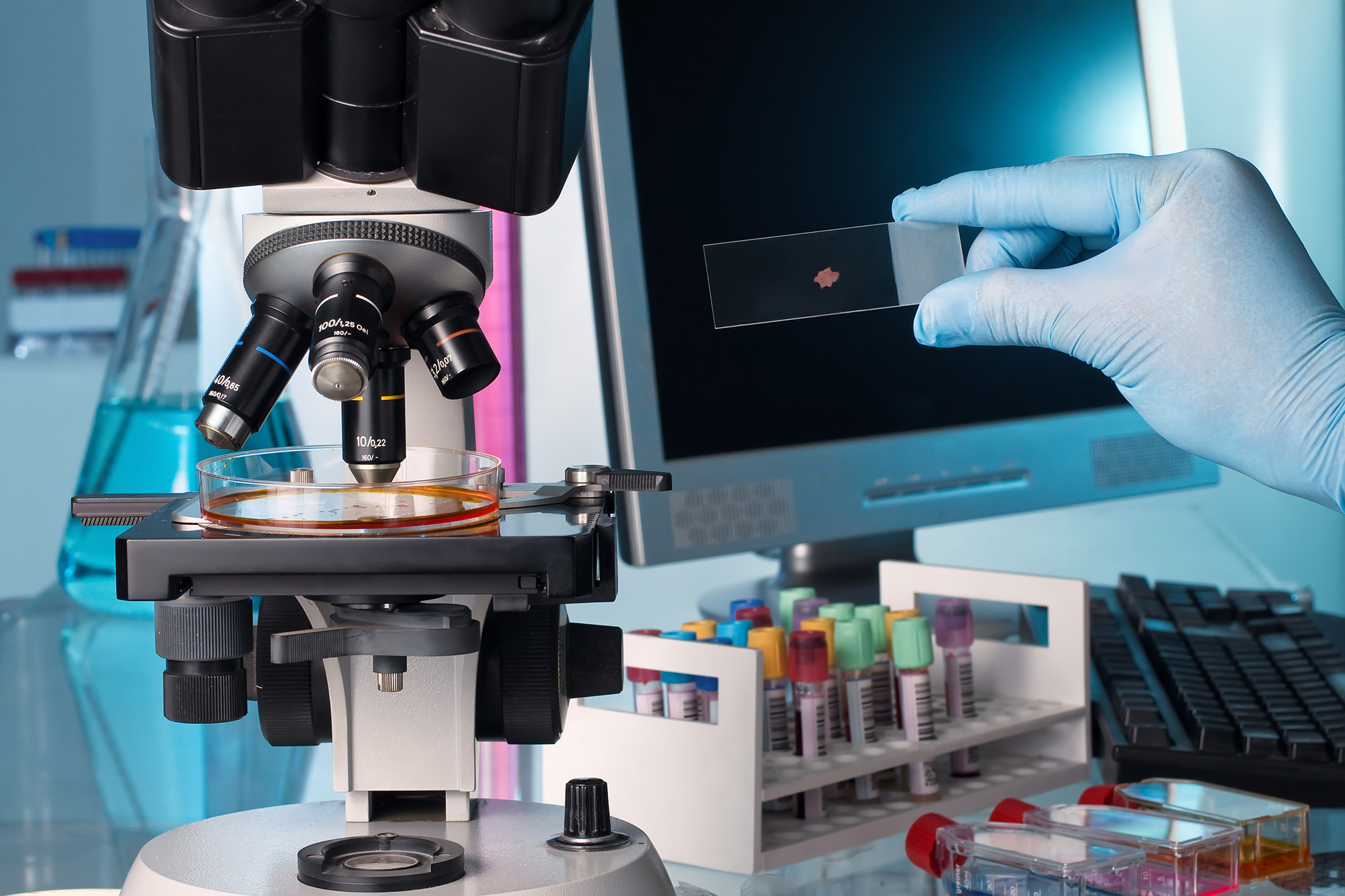 Mikroskop, Wissenschaftler mit einem Dia in der Hand