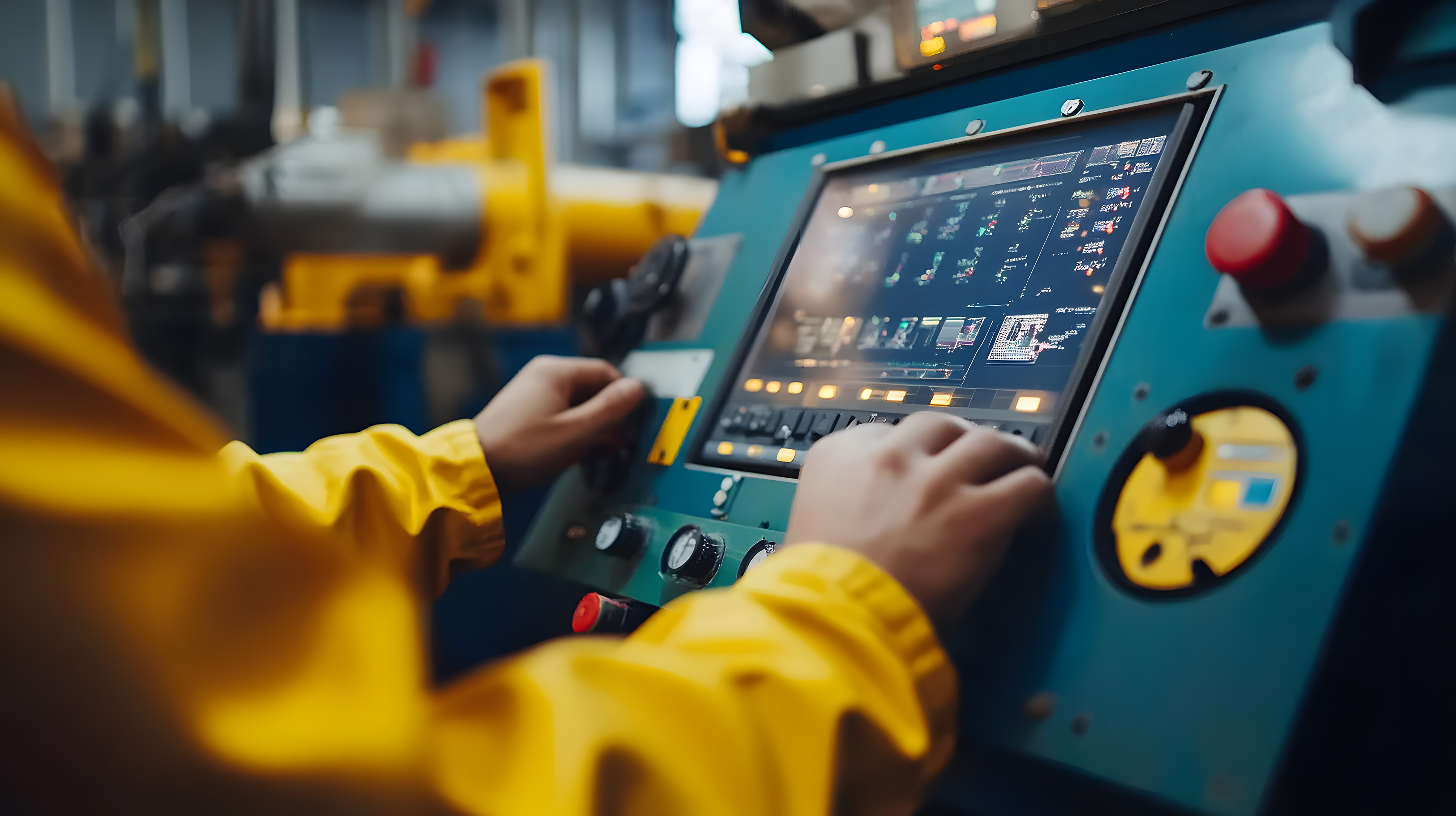 Nahaufnahme der Hände eines Arbeiters, der ein industrielles Bedienfeld mit einem digitalen Bildschirm bedient